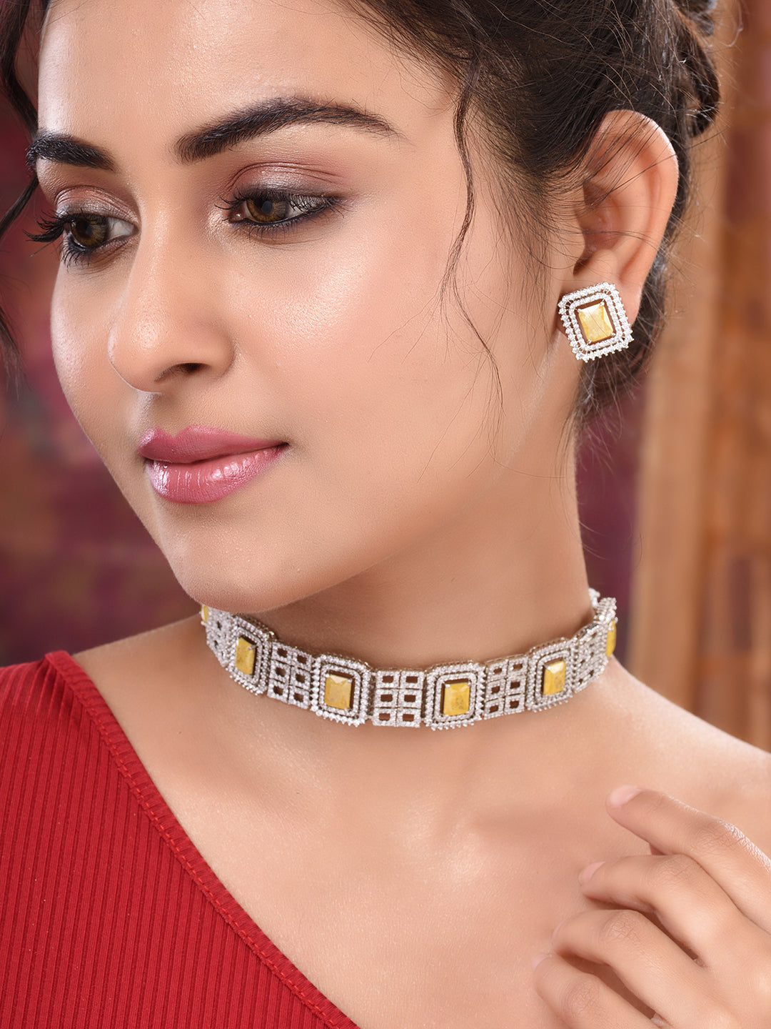 Rose Gold Plated Yellow AD studded Sleek Choker Jewellery Set, zaveri pearls, sale price rs, sale price, sale gold plated, sale gold, sale, rubans, ring, regular price, priyassi jewellery, ku